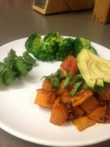 Finished product! Served up with avocado, cilantro, and steamed broccoli.